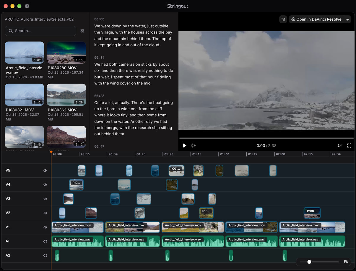 A northern-lights interview selects cut in Stringout, with the field interview, aurora and Arctic coverage, and staggered source-linked picture and audio ranges.