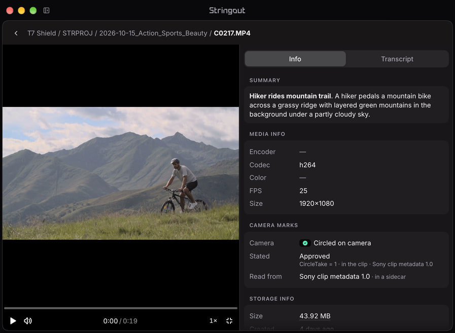 Stringout’s source viewer shows the mountain-bike recording beside Circled on camera metadata in the Info pane.