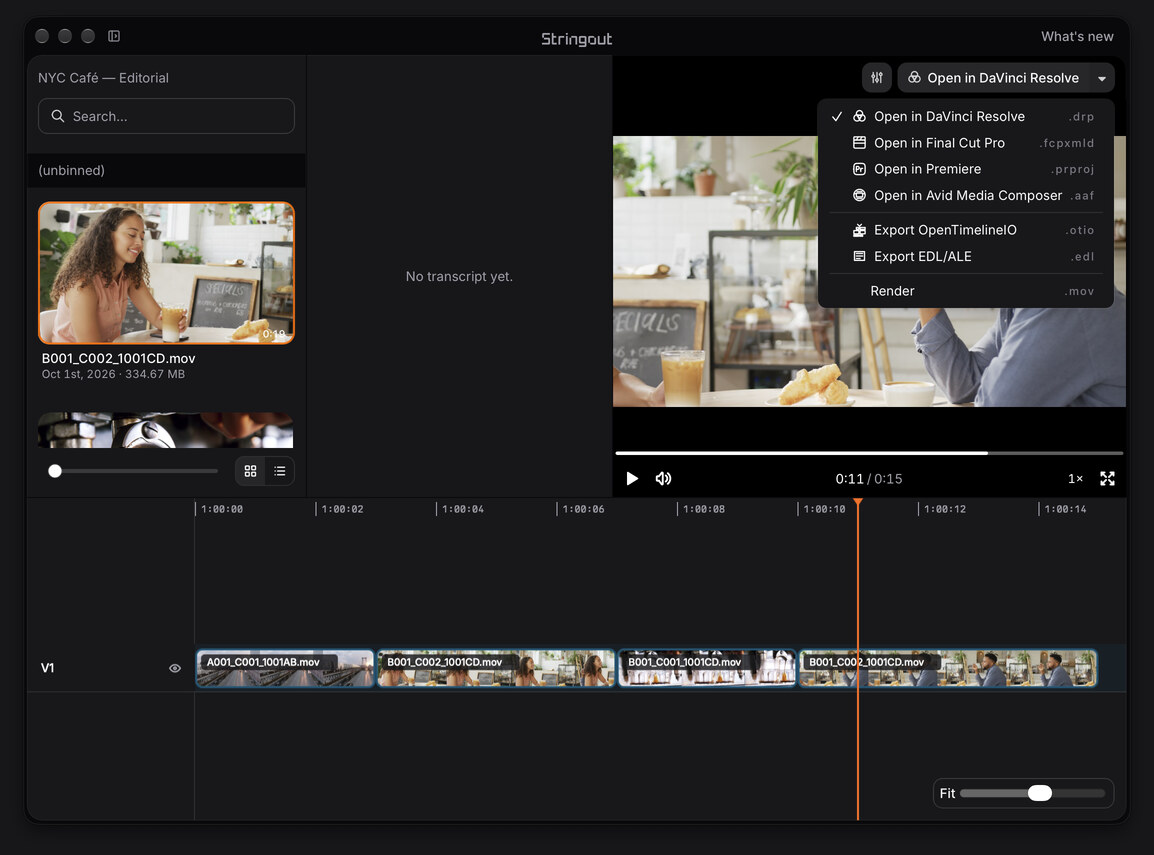 An agent-created 15-second NYC café cut in Stringout, with camera-named subway, café and espresso clips on its timeline.