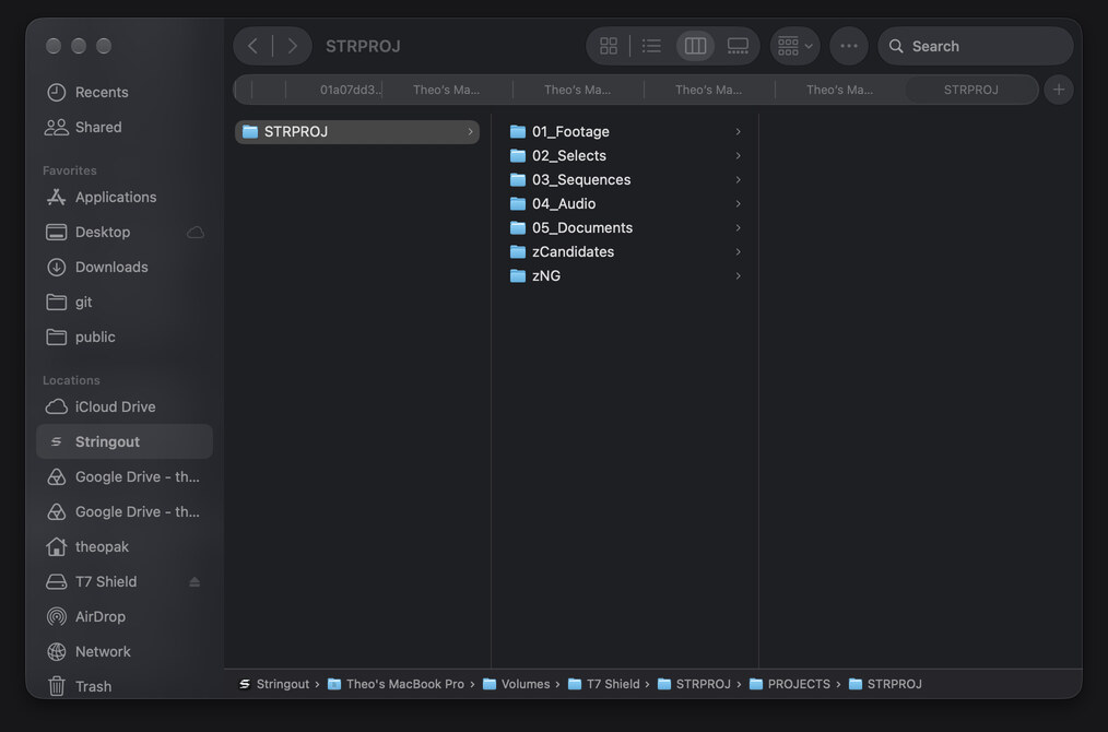 Stringout in Finder with STRPROJ bins for footage, selects, sequences, audio and documents.