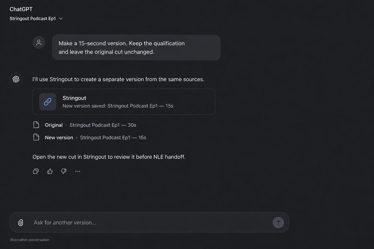 Illustrative ChatGPT conversation creating Stringout Podcast Ep1, 15s while retaining Stringout Podcast Ep1, 30s.