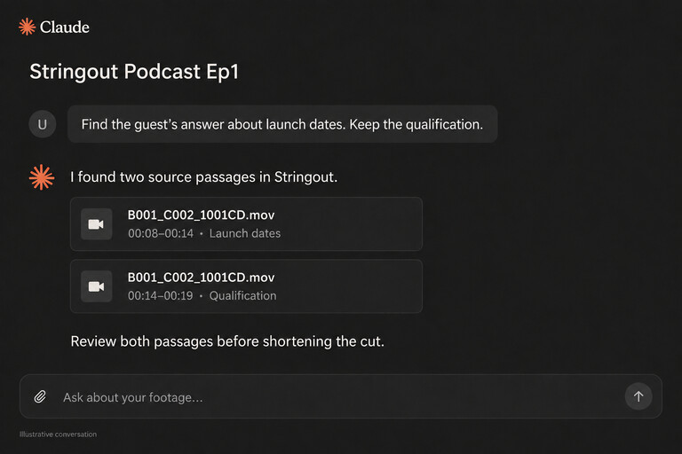 Illustrative Claude conversation reviewing source passages for Stringout Podcast Ep1 before creating a shorter cut.