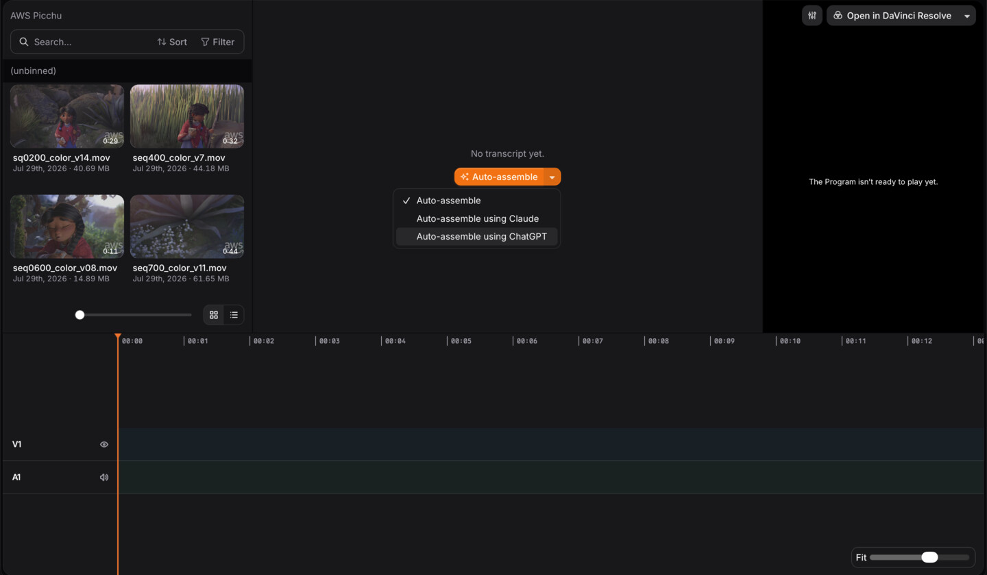 Actual dark-mode Stringout project window with the sidebar hidden, a source grid, preview area, timeline and Auto-assemble options for Claude and ChatGPT.