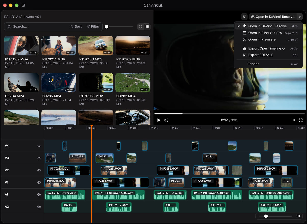 Rally alternate-answer stringout in Stringout with four video tracks, two audio tracks, uneven source ranges and the NLE export chooser.
