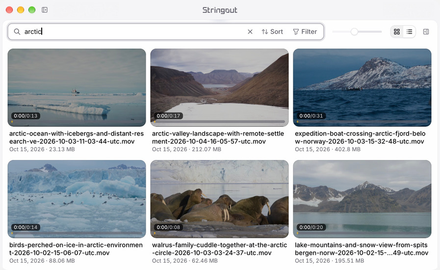 Stringout search for arctic across the library, showing icebergs, fjords, birds and walruses with both sidebars closed.