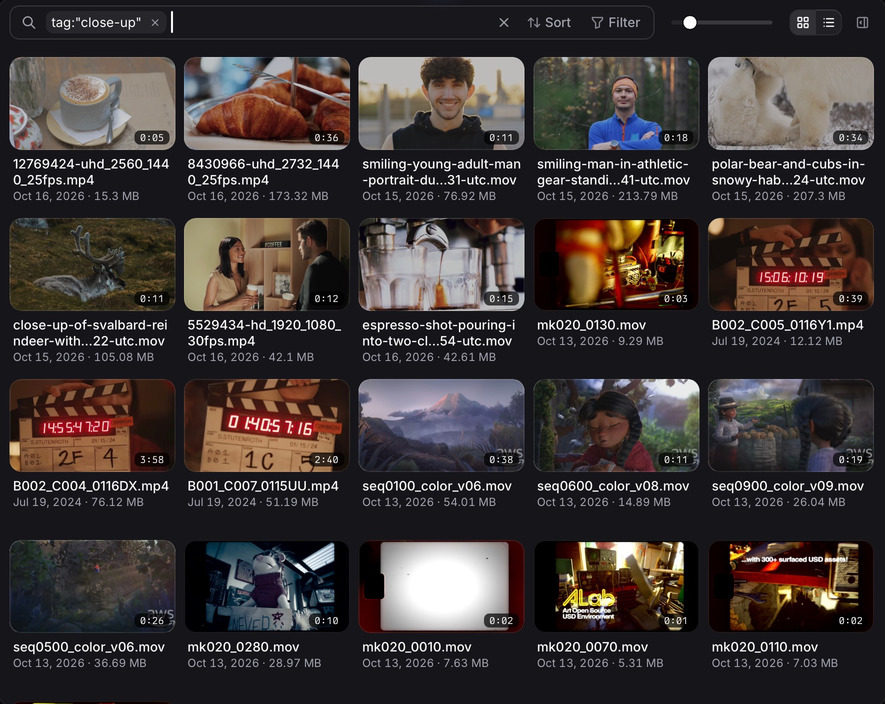 Actual dark-mode Stringout library filtered by the close-up tag, showing café shots, portraits, wildlife and production footage with both sidebars closed.