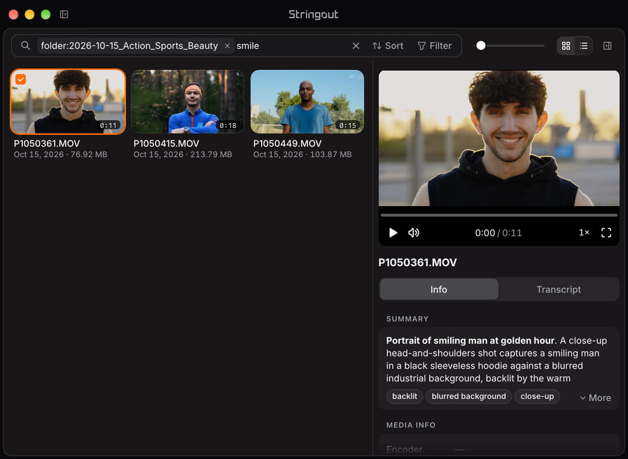 Stringout search for smile within an action sports and beauty folder, with a smiling young man selected and his preview and summary shown in the Info sidebar.