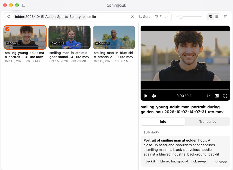 Stringout search for smile within an action sports and beauty folder, with a smiling young man selected and his preview and summary shown in the Info sidebar.