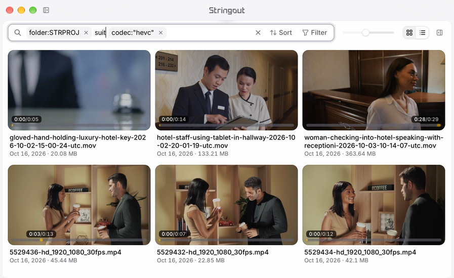 Stringout search for suit in STRPROJ HEVC footage, showing six hotel and café clips with both sidebars closed.